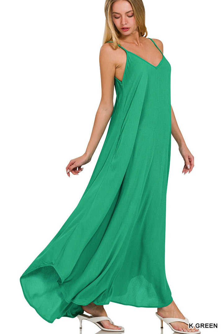K Green Zenana Woven Crinkle Cami Maxi Dress With Side Pockets 1