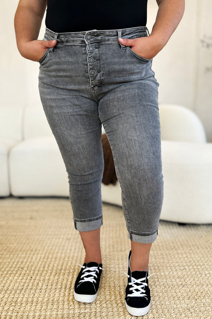 GRAY Judy Blue Full Size Button Fly High Waist Cuffed Capris