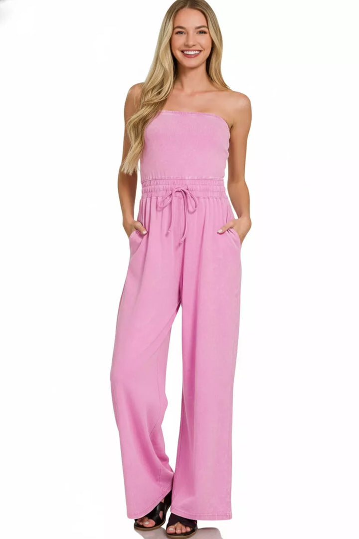 Mauve Zenana Acid Washed Strapless Tube Top Jumpsuit