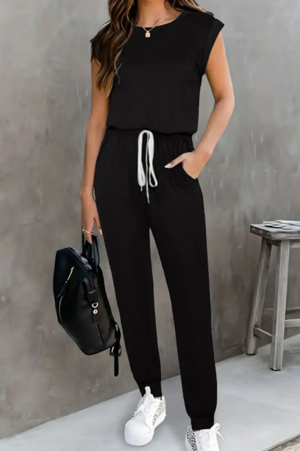 Black Drawstring Round Neck Sleeveless Jumpsuit