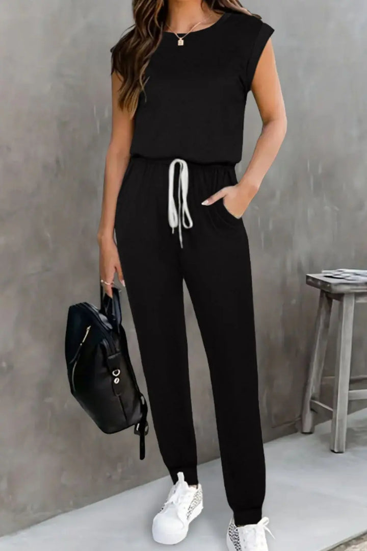 Black Drawstring Round Neck Sleeveless Jumpsuit