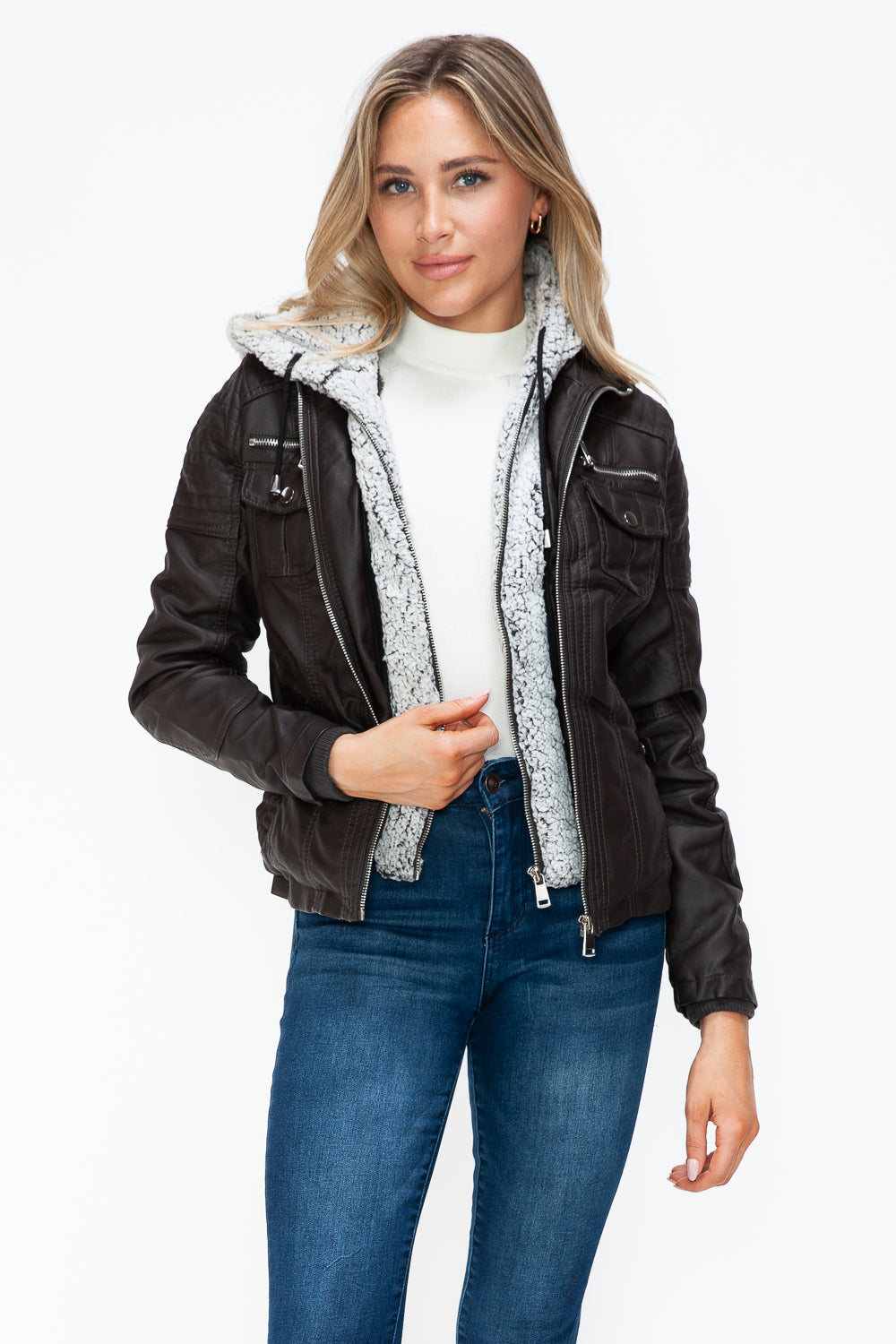 Ymi Removable Faux Layered Multi Pocket Jacket With Fuzzy Hood 3