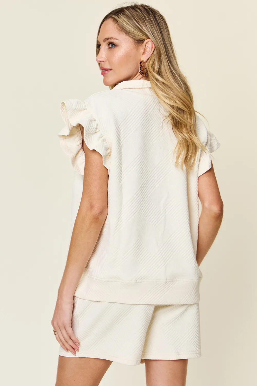 Cream Double Take Full Size Texture Flounce Sleeve Top And Drawstring Shorts Set 1