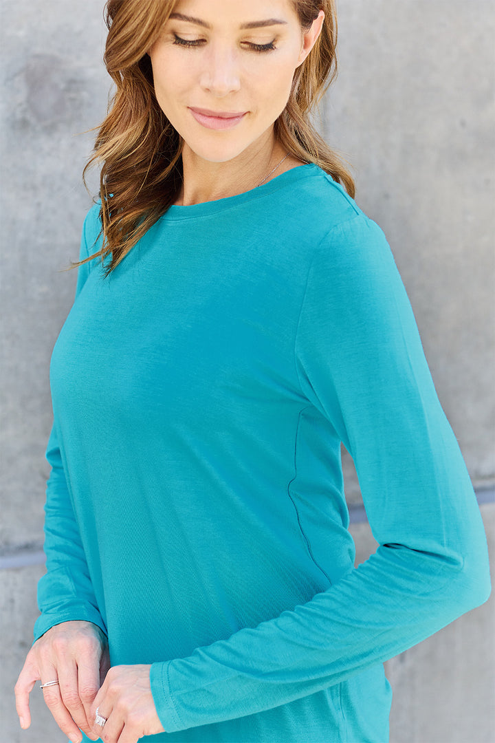 Dark Brown Basic Bae Full Size Round Neck Long Sleeve Top