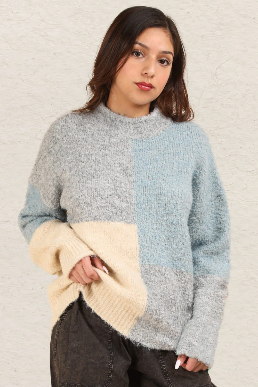 Grey Very J Color Block Mock Neck Drop Shoulder Sweater