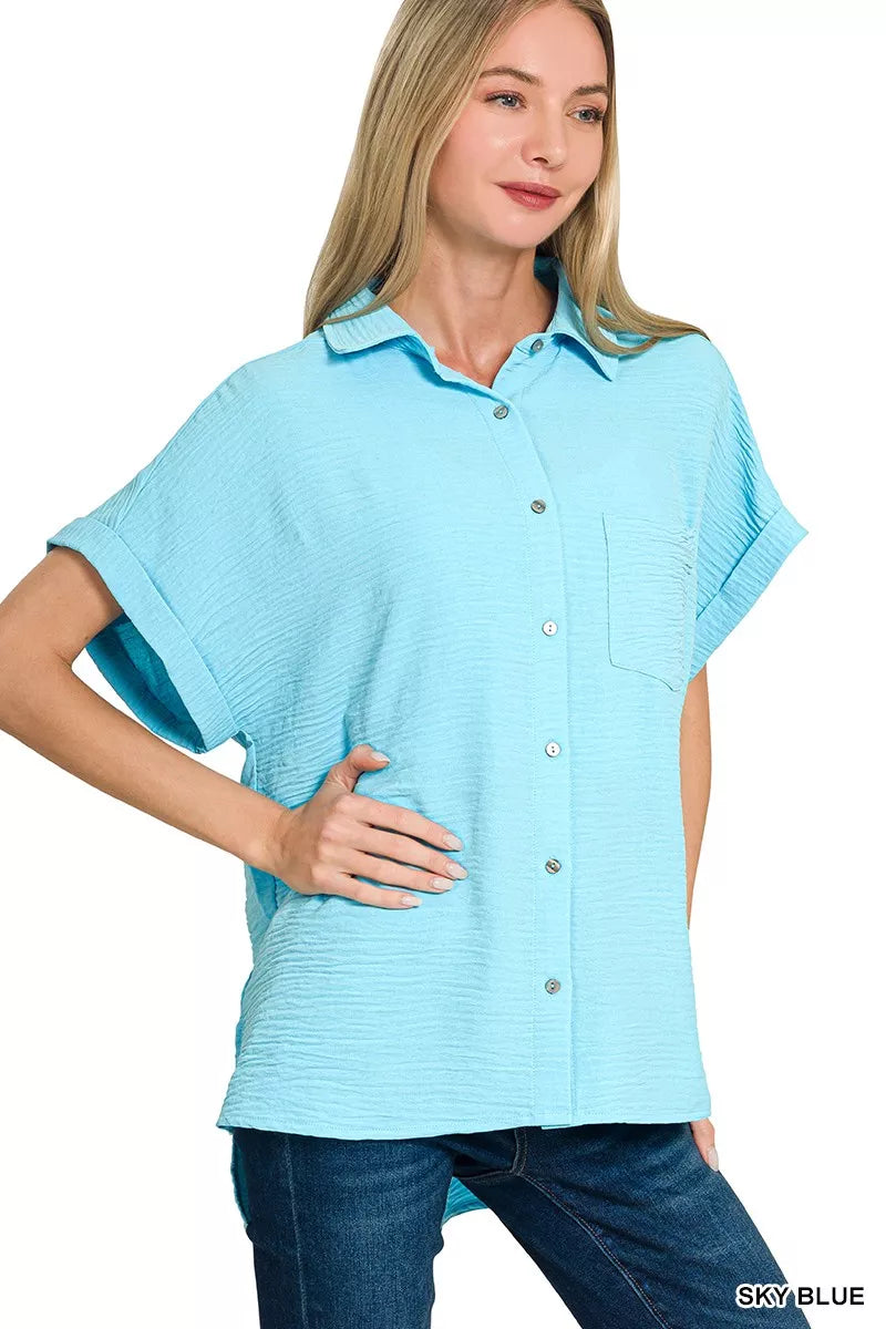Sky Blue Zenana Woven Airflow Button Down Shirt