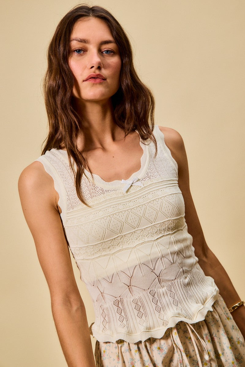 Cream So Me Scallop Ribbed Sleeveless Knit Top