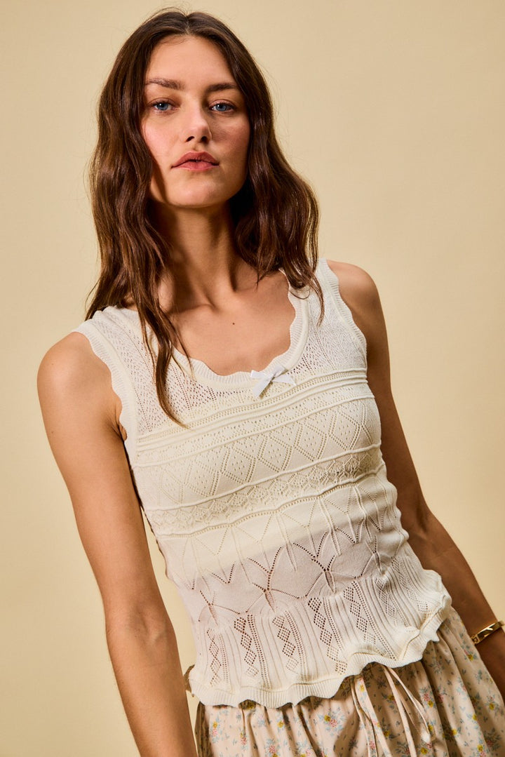 Cream So Me Scallop Ribbed Sleeveless Knit Top