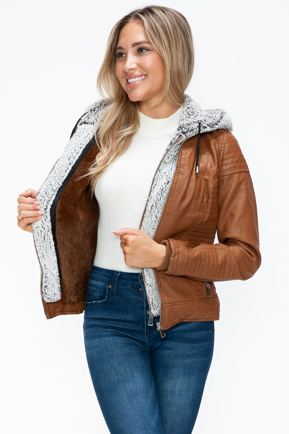 Ymi Faux Layered Double Zipper Jacket With Fuzzy Hood 4