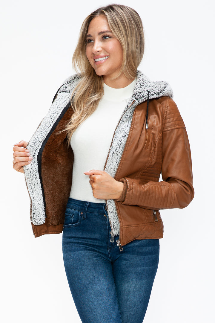 Ymi Faux Layered Double Zipper Jacket With Fuzzy Hood 4