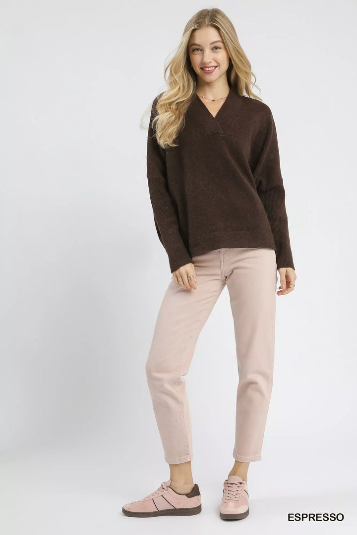 Umgee V Neck Sweater With Wide Trim Detail 1