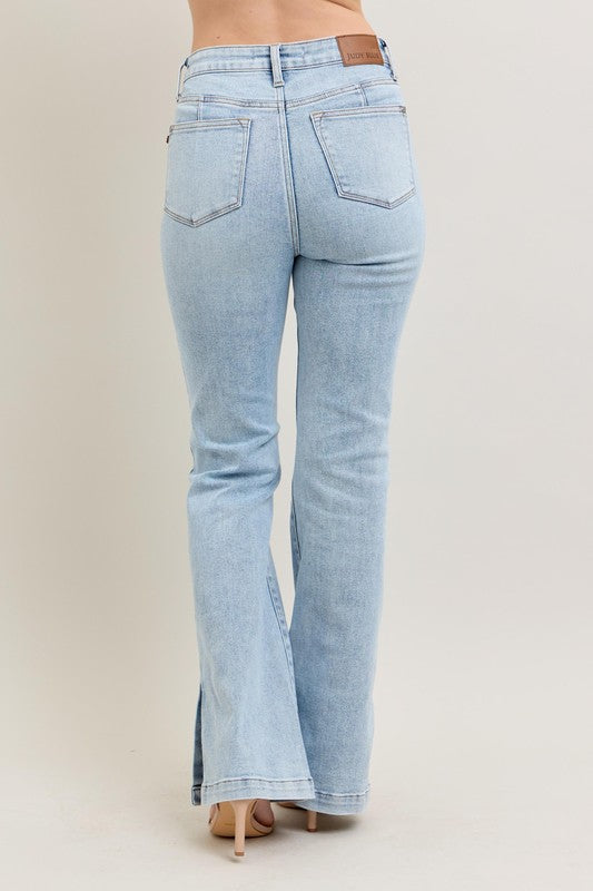 Light Judy Blue Full Size Tummy Control Vintage Wash Side Slit Slim Boot Jeans Plus Size