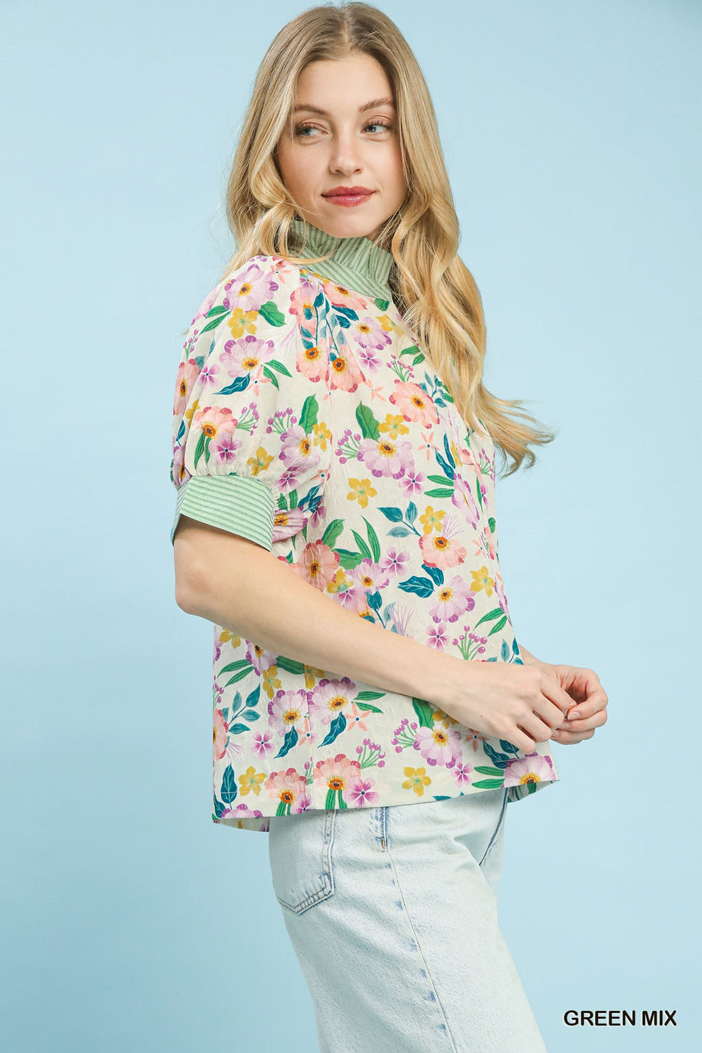 Green Mix Umgee Floral Print Jacquard Ruffle Top