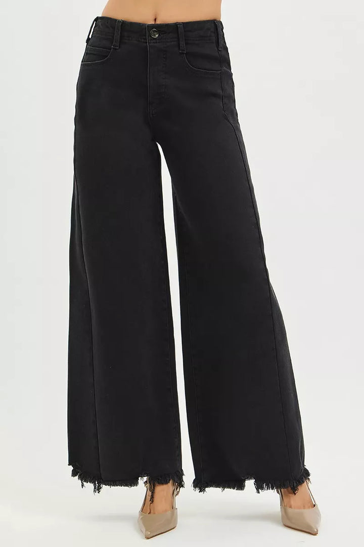Black Risen Tummy Control High Rise Palazzo Leg Frayed Hem Jeans