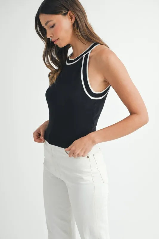 Black Mable Contrast Trim Grecian Neck Cropped Tank 1