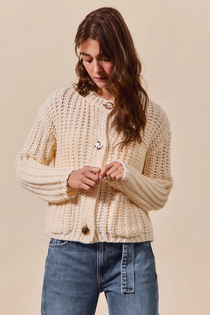 So Me Metal Button Long Sleeve Chunky Sweater Cardigan