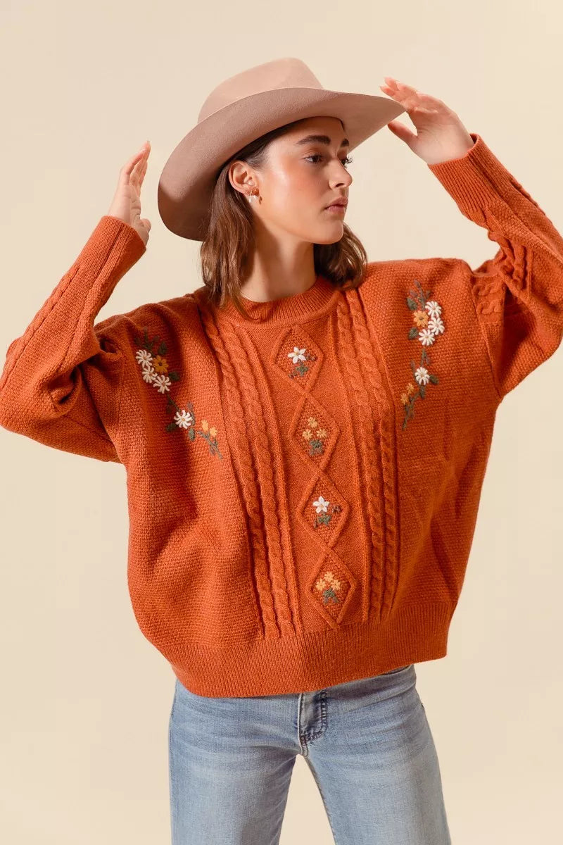 Brick So Me Embroidered Flower Cable Knitted Sweater