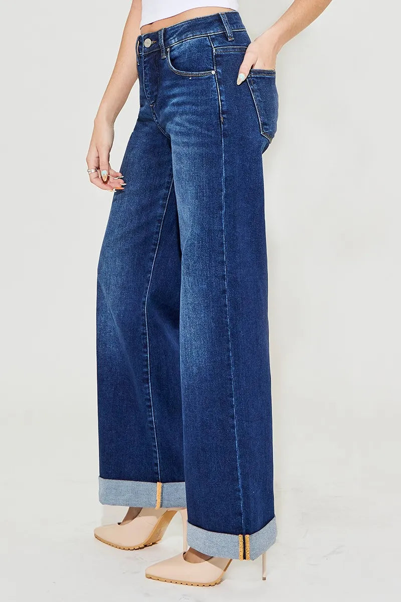 Dark Risen Full Size Tummy Control High Rise Wide Leg Cuffed Jeans Plus Size