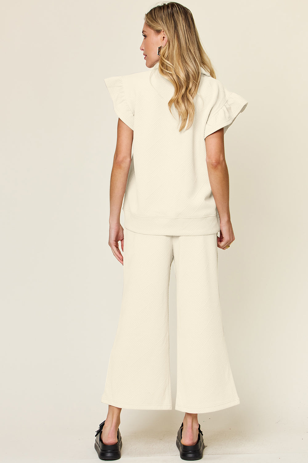 Black Double Take Texture Ruffle Short Sleeve Top And Drawstring Wide Leg Pants Set
