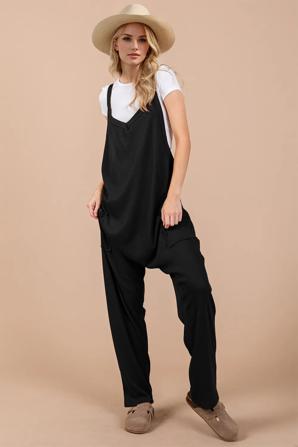 Black Oh Full Size V Neck Wide Strap Overalls With Pockets