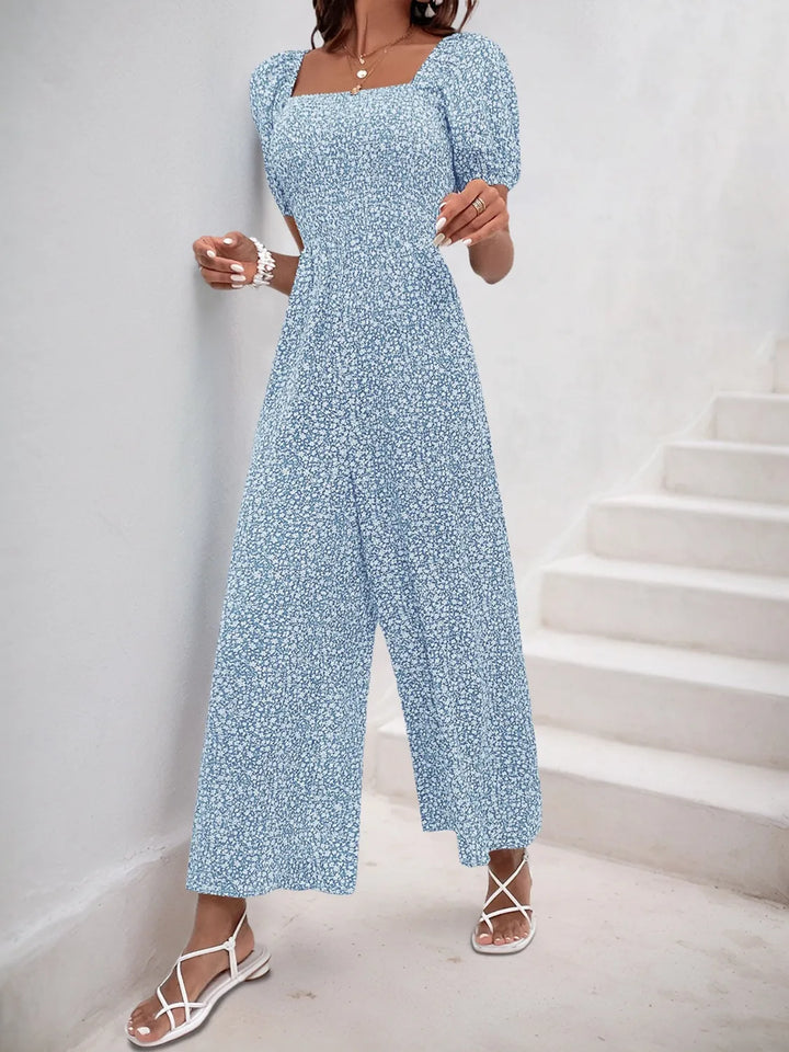Black White Printed Square Neck Puff Sleeve Jumpsuit 1