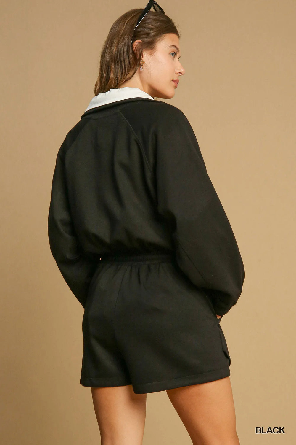 Black Umgee Half Zip Romper With Drawstring Waist