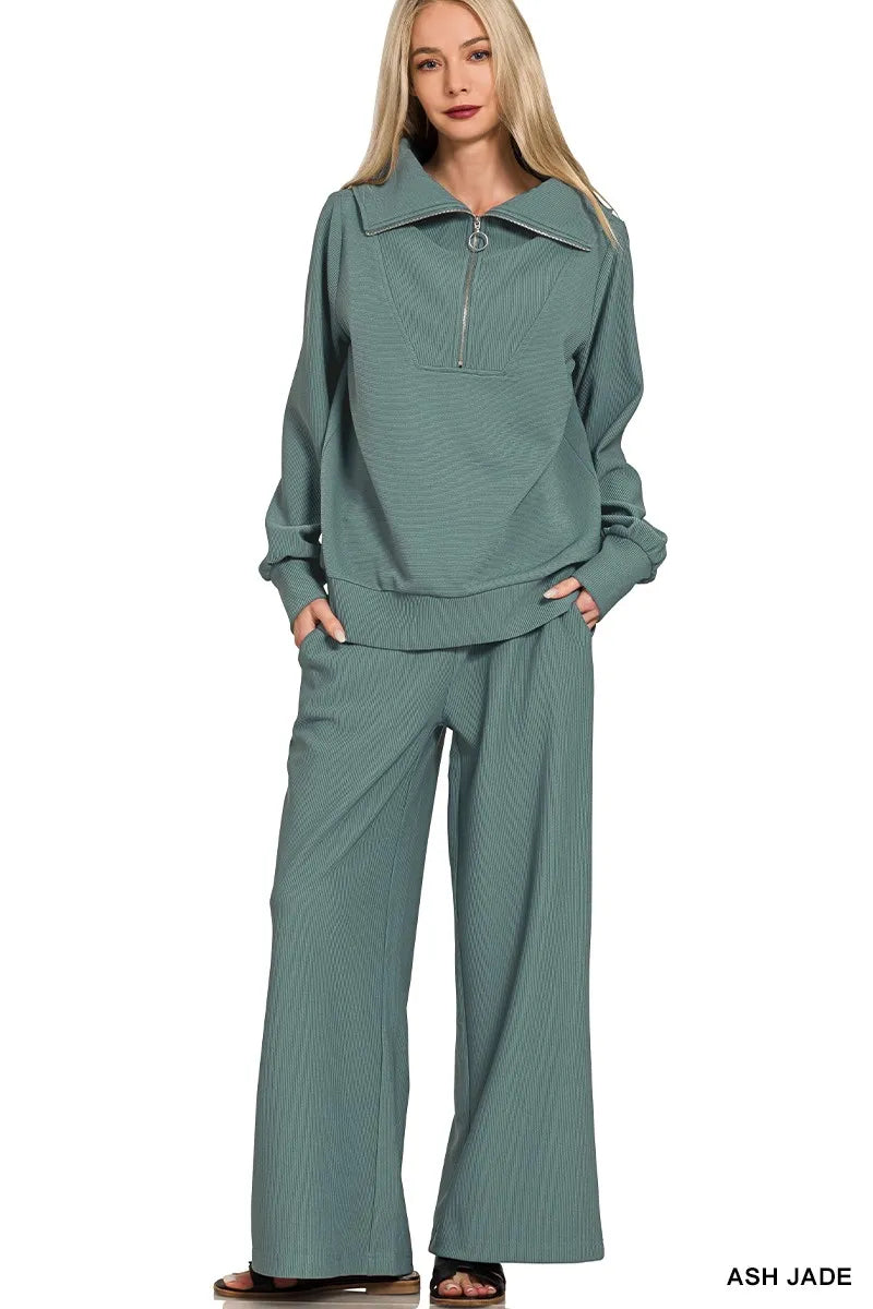 Ash Jade Zenana Ribbed High Neck Half Zip Pullover Pants Set 1