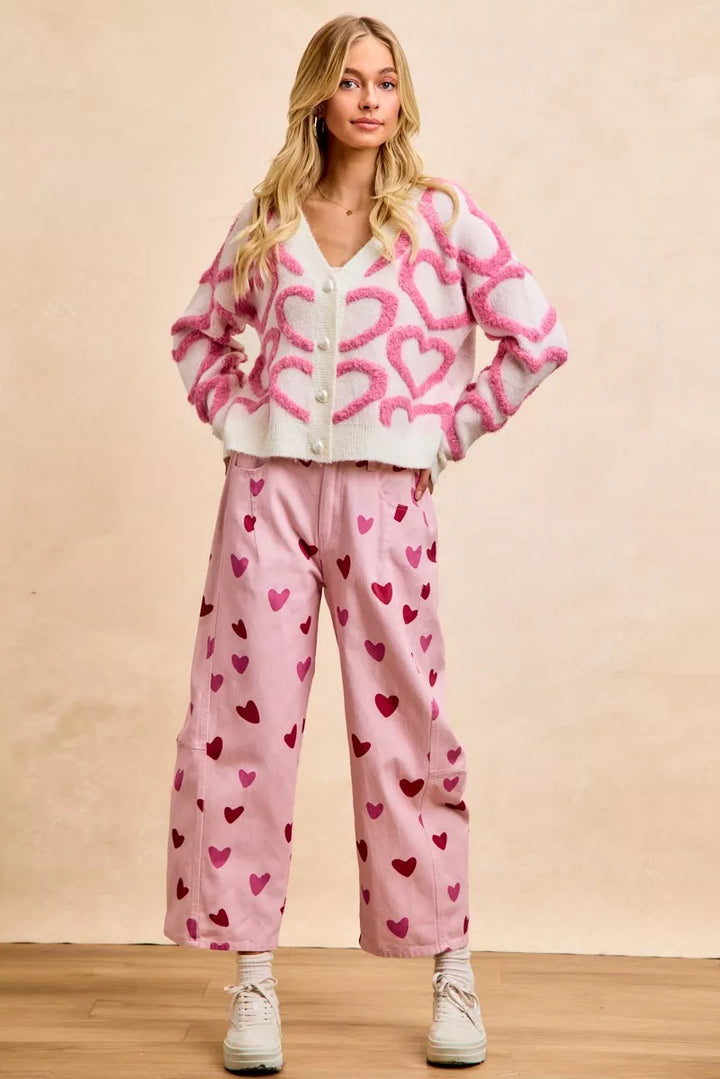 Bibi Textured Heart Buttoned V Neck Cardigan
