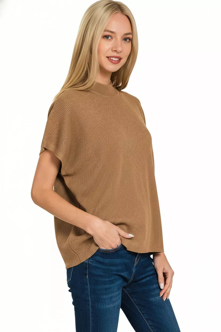 Deep Camel Zenana Viscose Mock Neck Short Sleeve Boxy Sweater 1