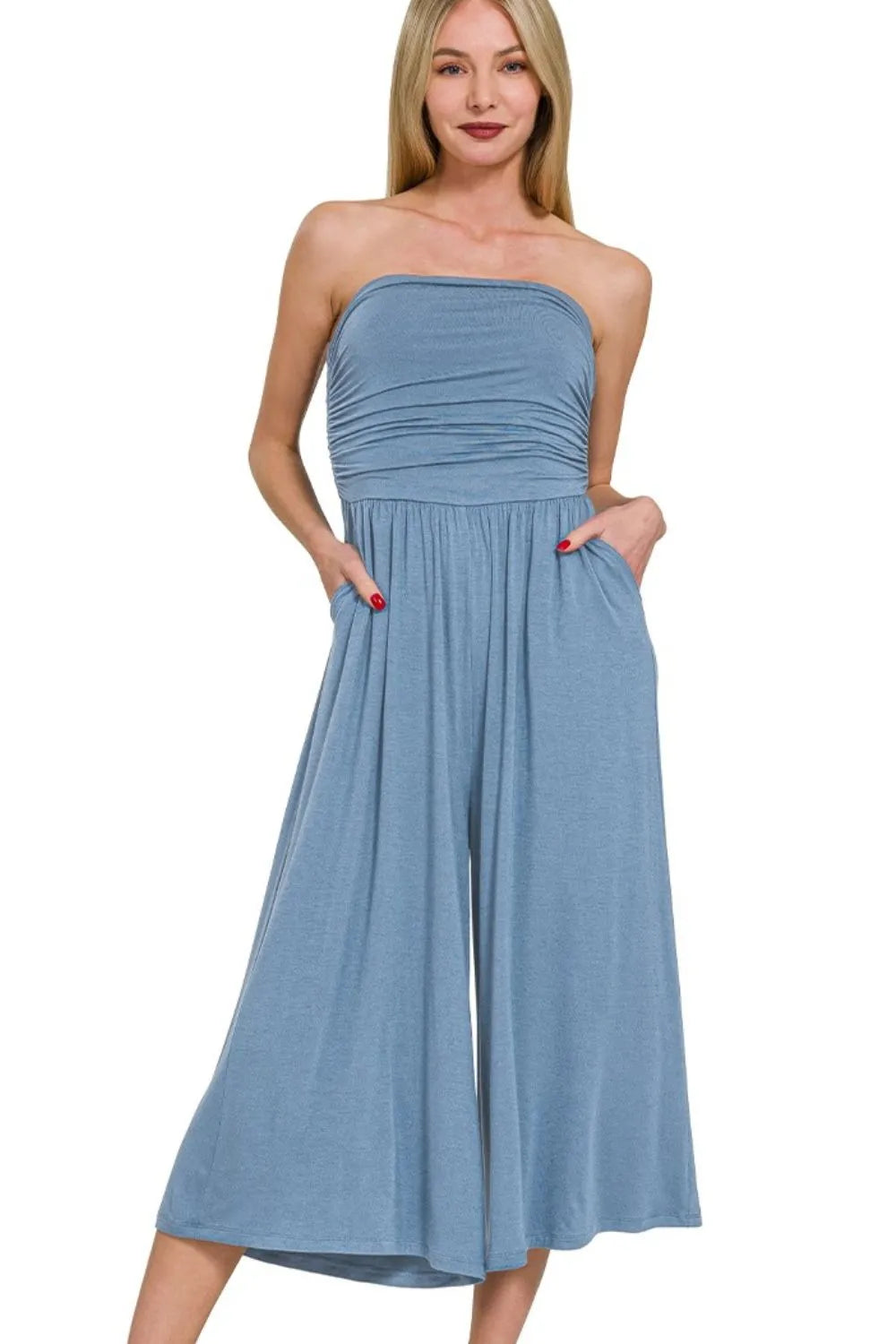 Dusty Blue Zenana Double Layered Strapless Tube Top Jumpsuit 2