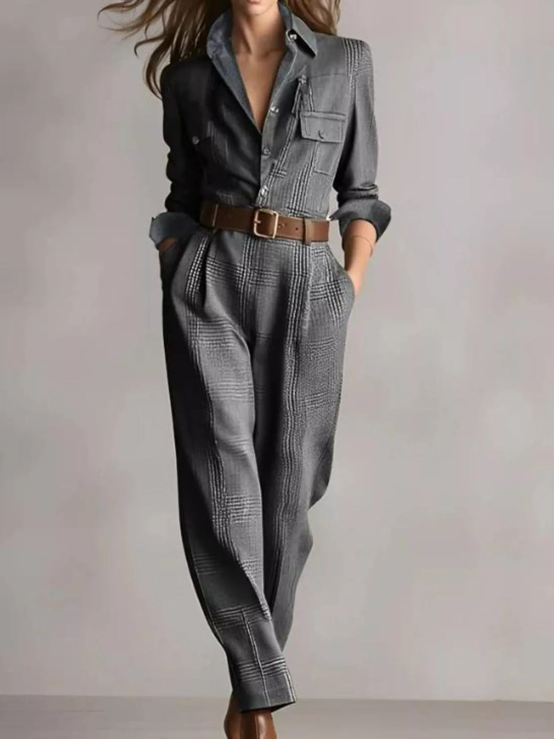 Grid Button Front Long Sleeve Jumpsuit