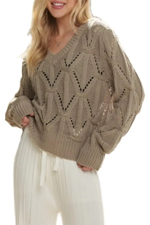 Khaki Adora Loose Fit V Neck Knit Top
