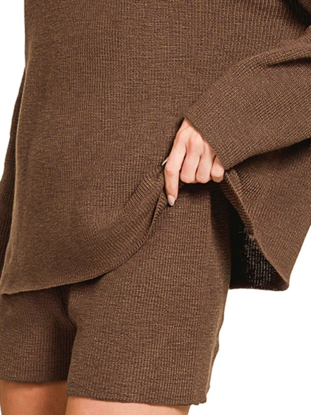Brown Zenana Round Neck Knit Top And Shorts Sweater Set 6