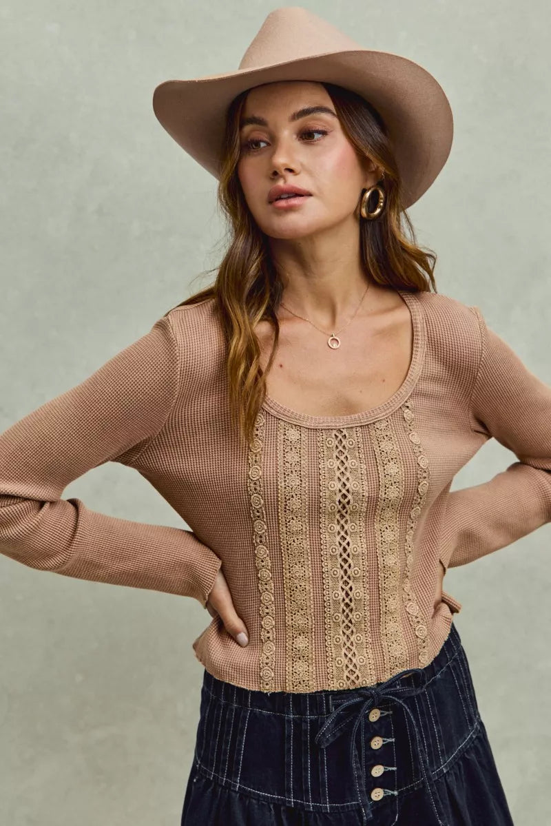 Latte So Me Vintage Washed Lace Crop Thermal Washed Knit Top