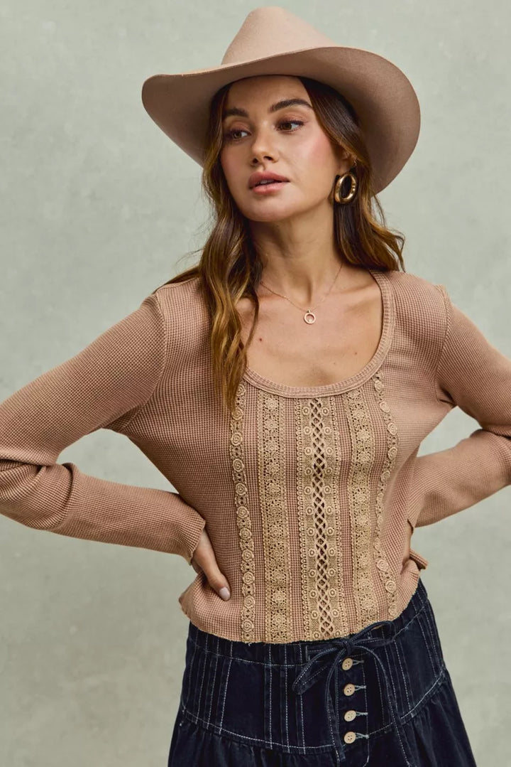 Latte So Me Vintage Washed Lace Crop Thermal Washed Knit Top
