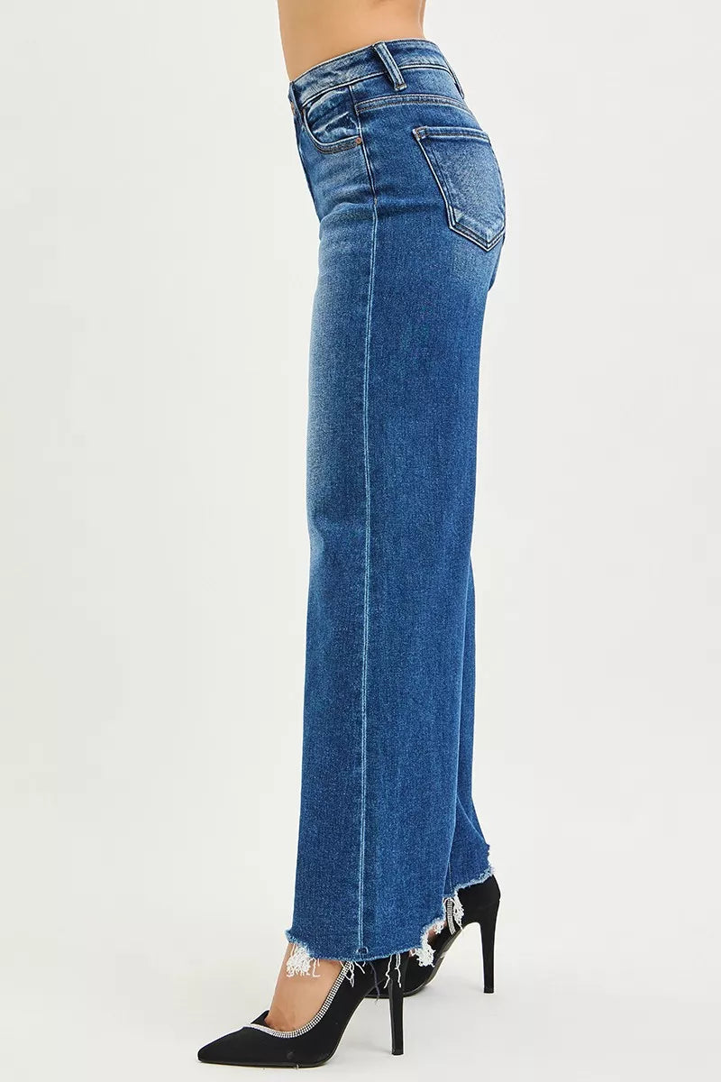Dark Risen High Rise Wide Leg Jeans With Distressed Hem