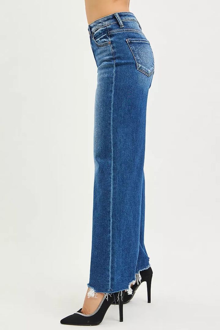 Dark Risen High Rise Wide Leg Jeans With Distressed Hem