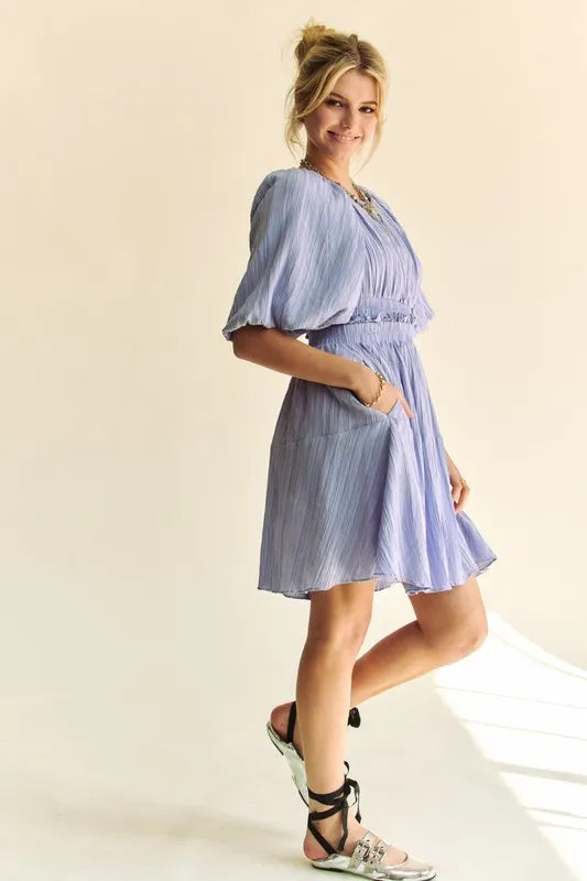 Davi Dani Back Button Puff Sleeve Mini Dress
