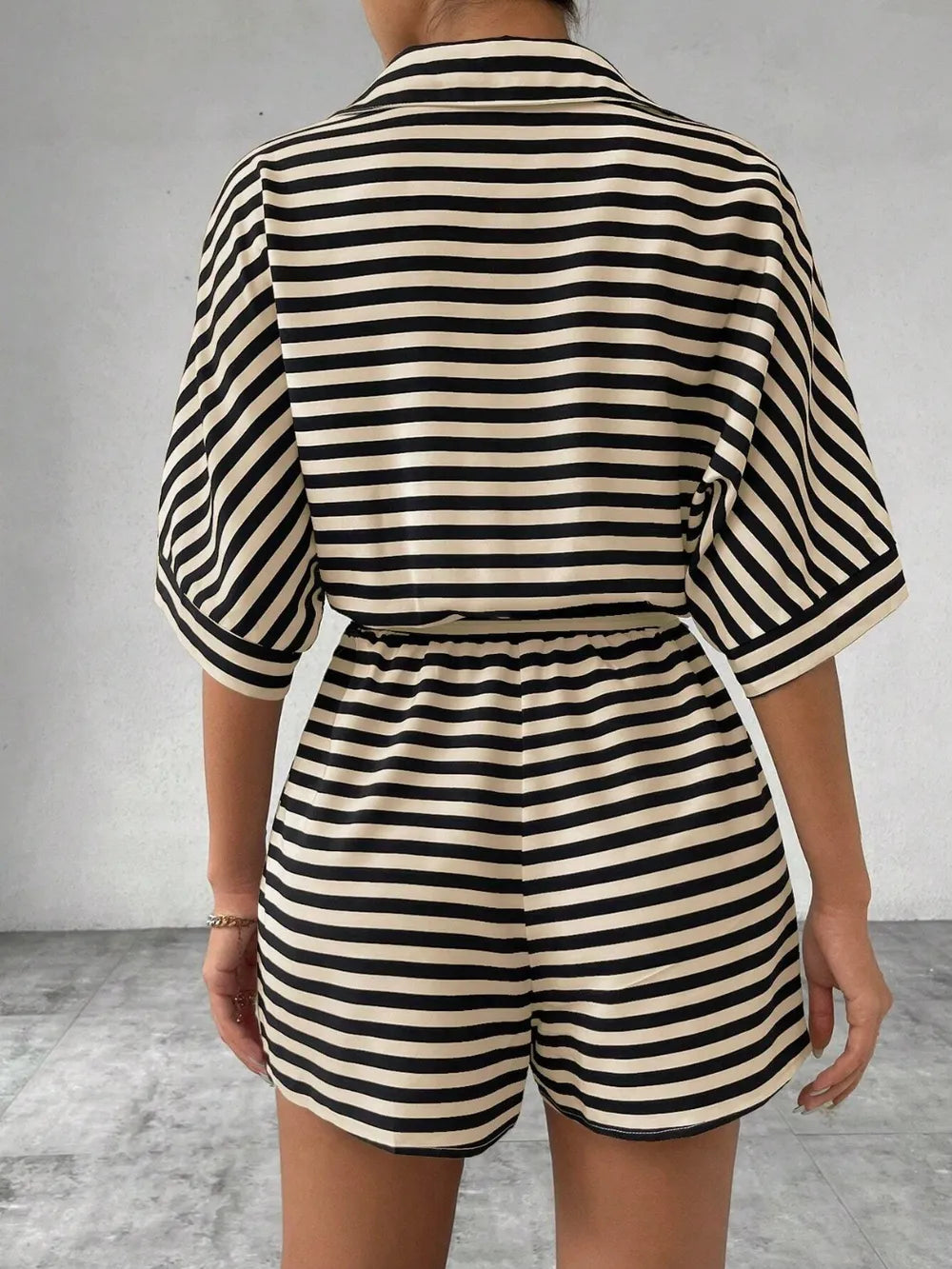 Tan Tie Waist Half Button Striped Romper