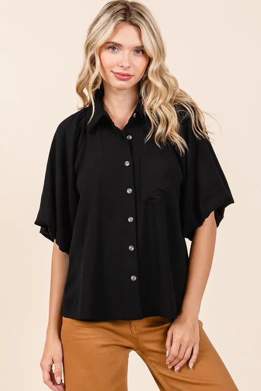 Black Mittoshop Airflow Short Bubble Sleeve Button Down Shirt
