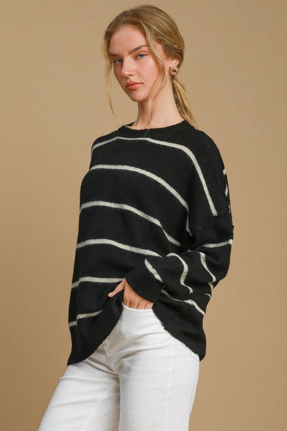 Black Umgee Wool Blend Striped Round Neck Sweater