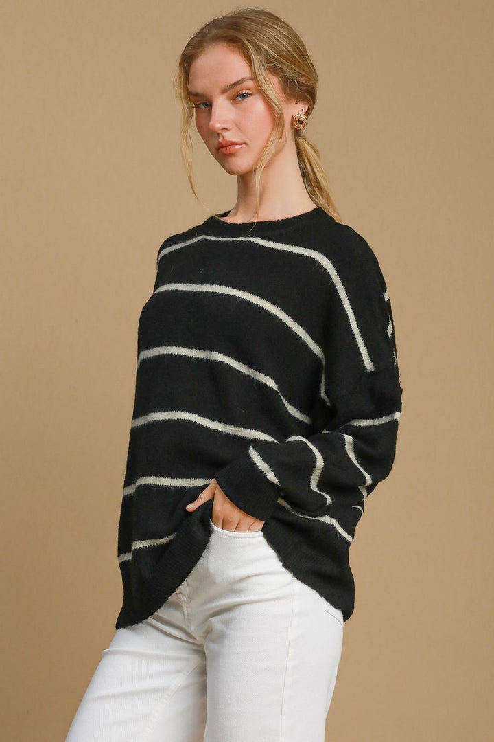 Black Umgee Wool Blend Striped Round Neck Sweater