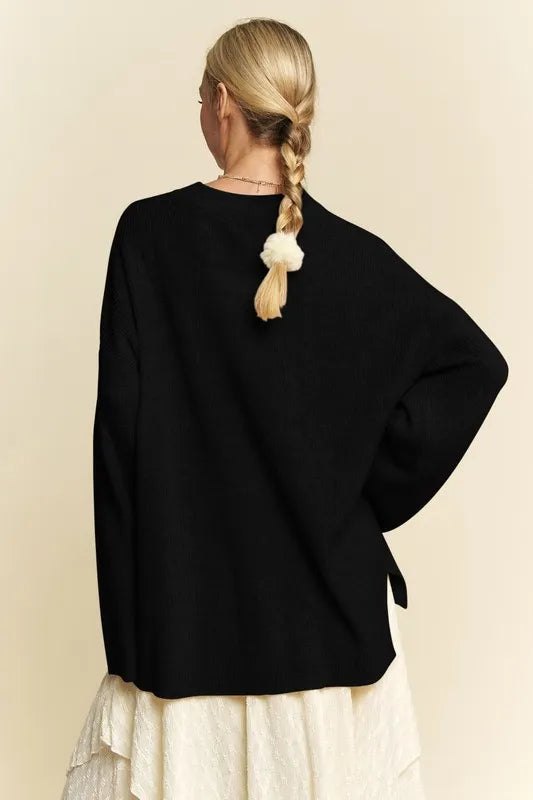 Black Davi Dani High Low Round Neck Drop Shoulder Sweater