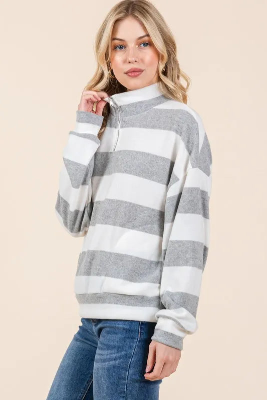 Light Gray Bombom Striped Quarter Zip Drop Shoulder Sweatshirt