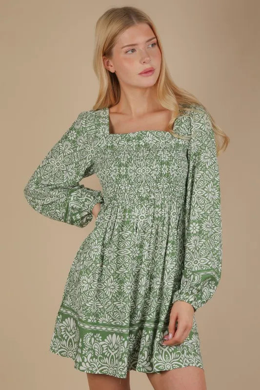 Green Very J Printed Smocked Chest Boho Mini Dress