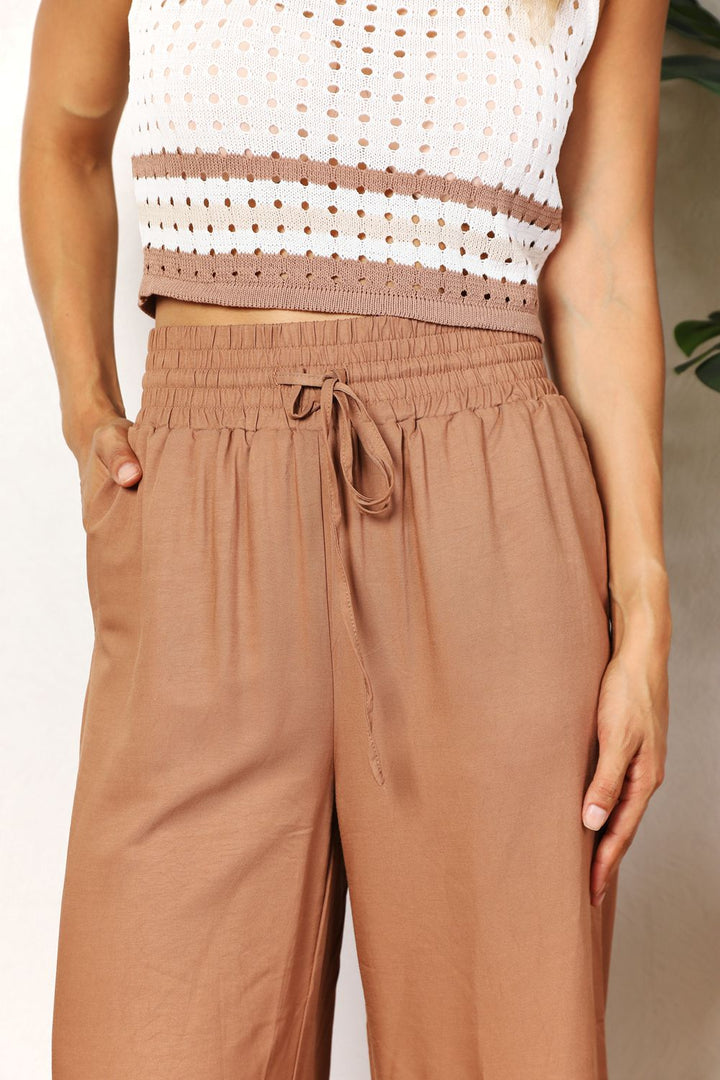 Black Double Take Drawstring Smocked Waist Wide Leg Pants
