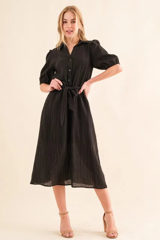 Black And The Why Waffle Textured Ribbon Waist Midi Dress