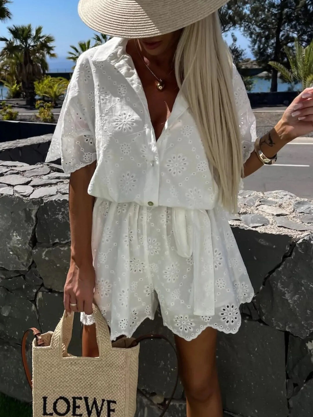 Eyelet Lace Button Up Romper