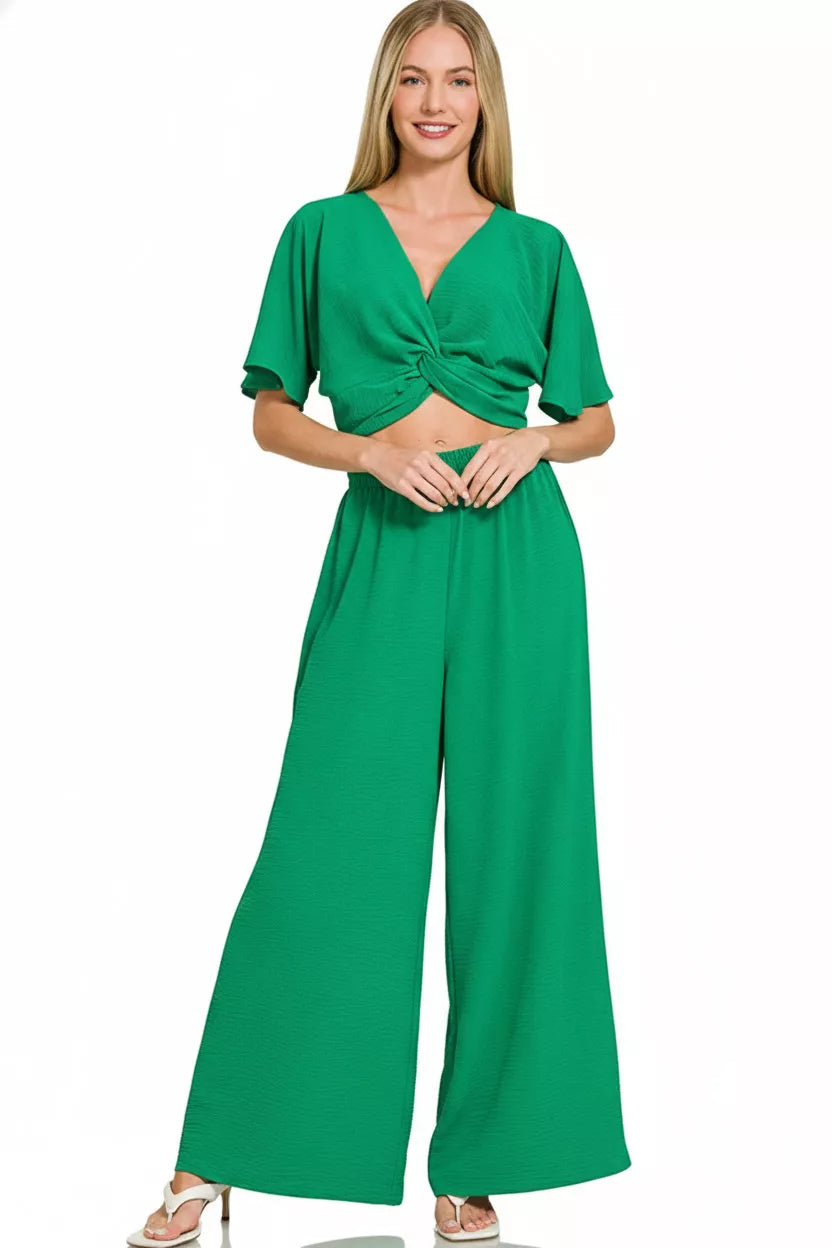K Green Zenana Woven Airflow Twisted Top Wide Leg Pants Set