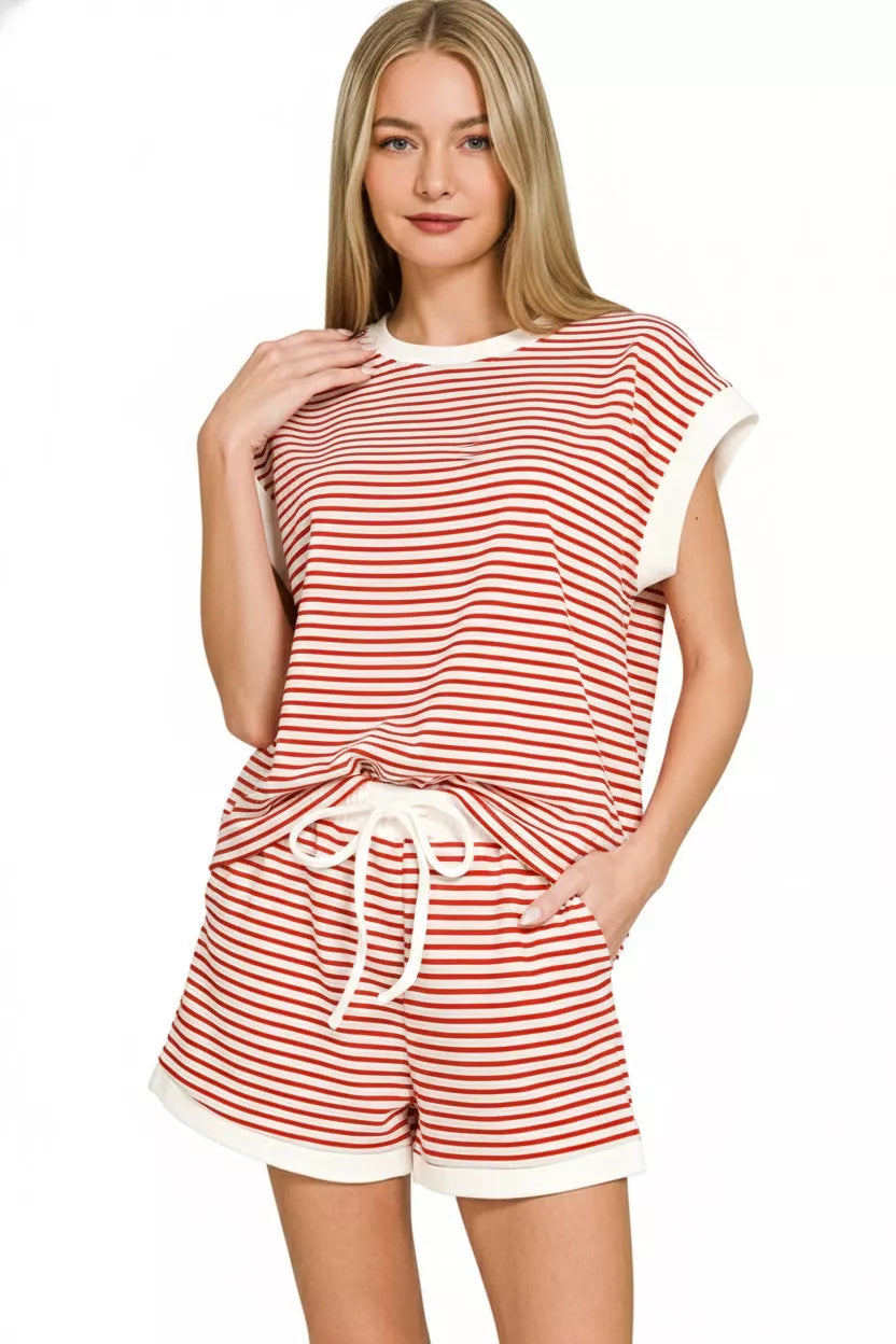 Ruby Zenana Stripe Contrast Trim Top Shorts Set 1